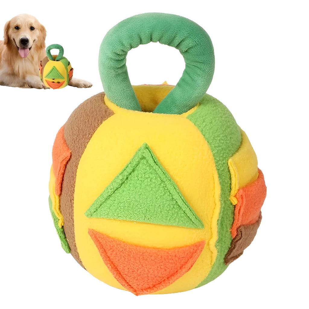 Green and pink plush squeaky ball dog toy with treat pockets for small medium dogs