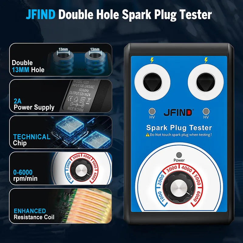 Car fault detector spark plug tester for double hole ignition systems, showing compact rectangular unit.