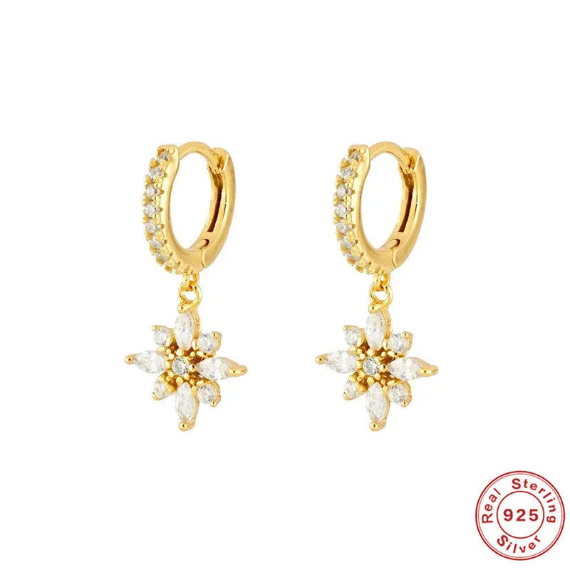 S925 sterling silver snowflake pendant earrings in geometric design with gemstone inlay