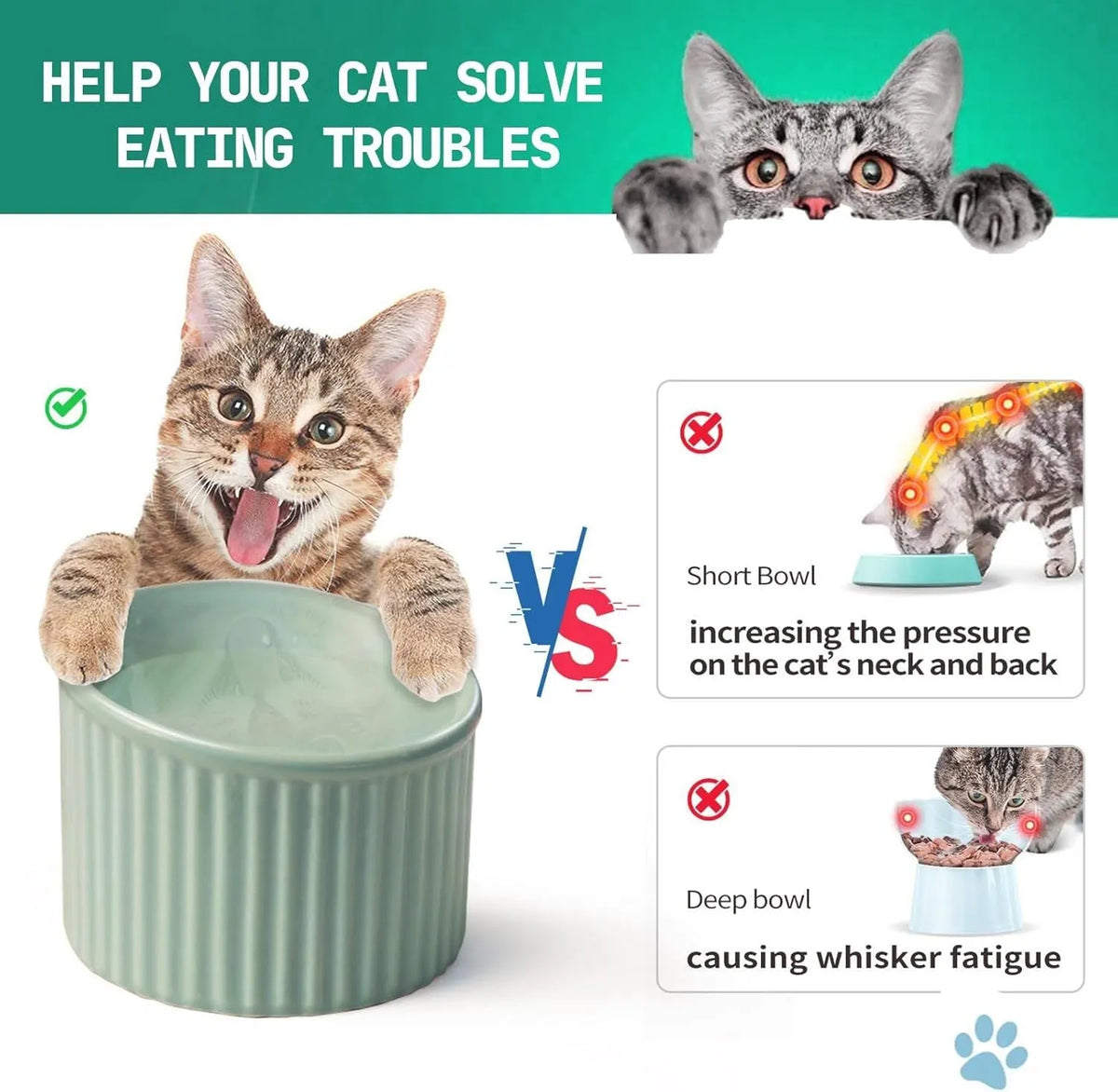 A dark green elevated ceramic cat bowl with a tilted, round design on a wooden surface.