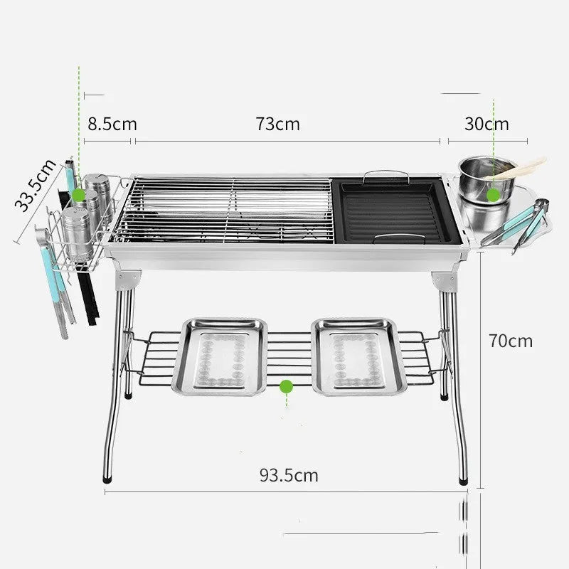 Stainless steel portable folding barbecue grill oven for outdoor cooking.