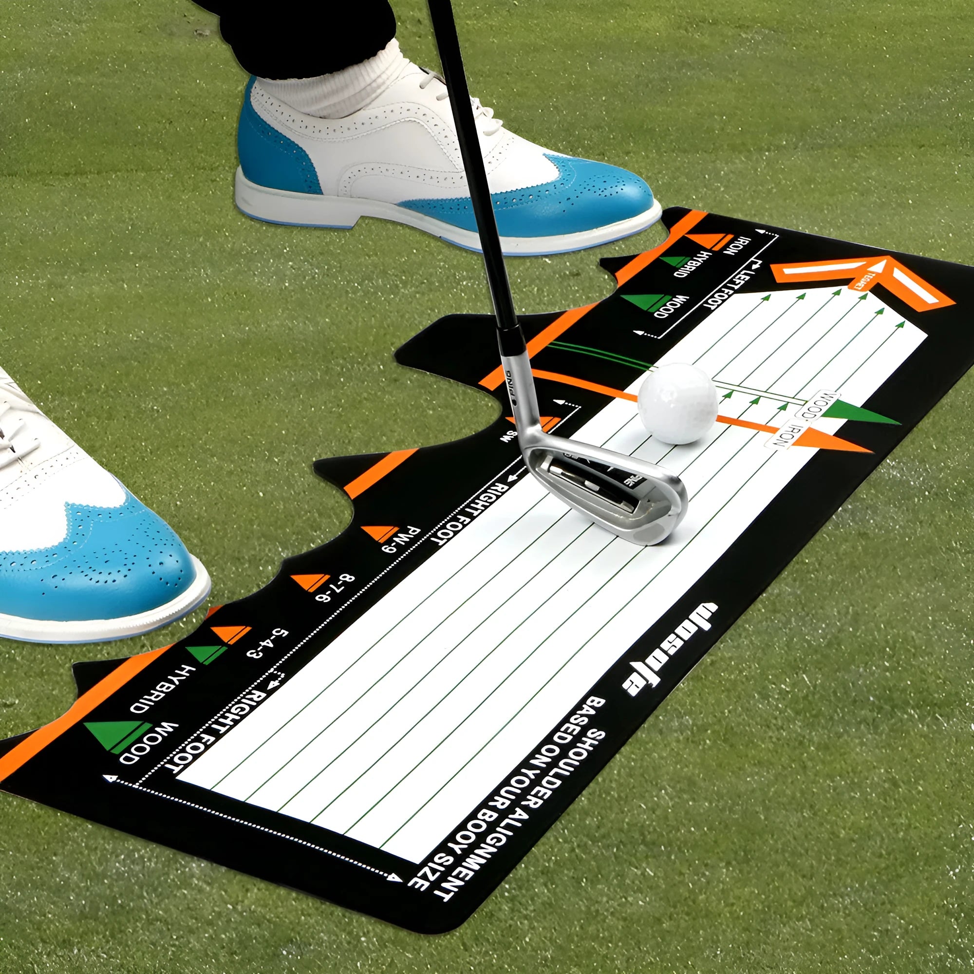 Black neoprene golf swing standing posture auxiliary pad on a practice surface.