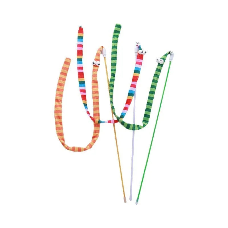 Cat wand toy with polycarbonate handle and colourful plush strip for interactive play