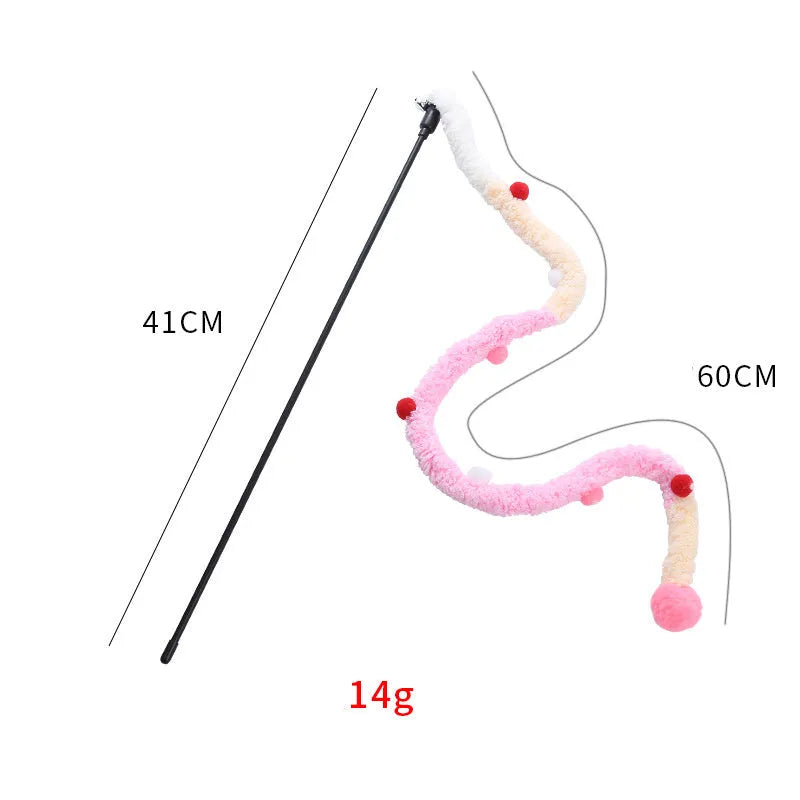 Cat wand toy with colourful feather and bell plush strip on 41cm pole