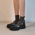 Women's retro platform ankle boots with cross strap design in grey, apricot, or black stretch microfiber, sizes 35-40.