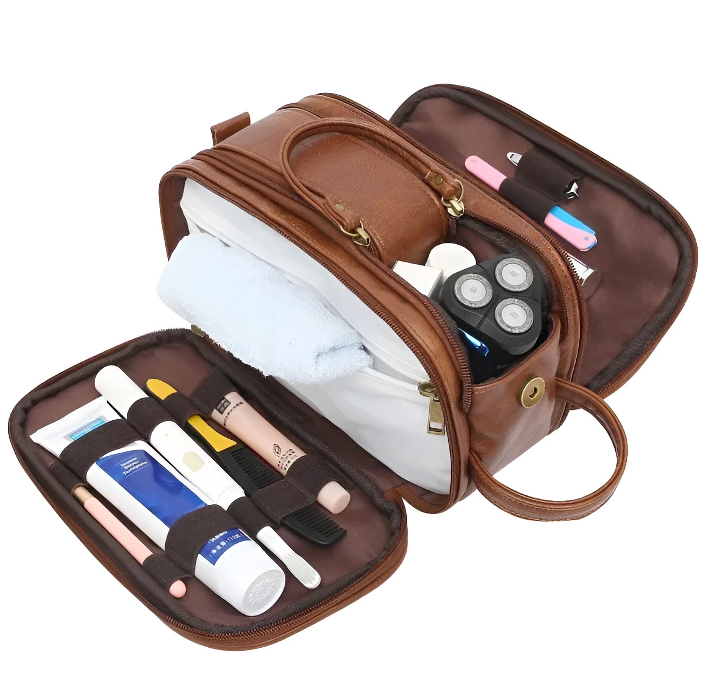 Men's black toiletry bag with multiple compartments made from waterproof PU leather