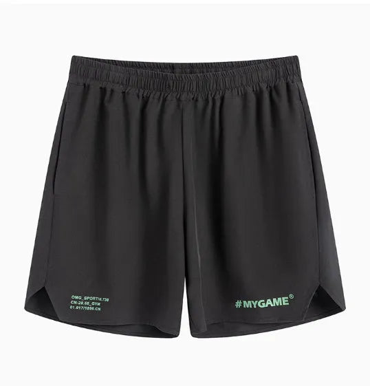 Men's four-point training shorts in a polyester blend for fitness and sports, shown in blue, black, grey, or white.