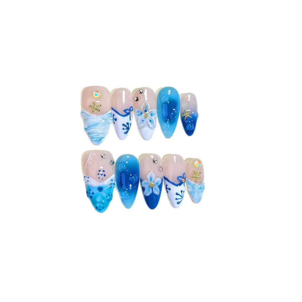 Blue hand-painted carved summer ice transparent plastic fake nails with armour set