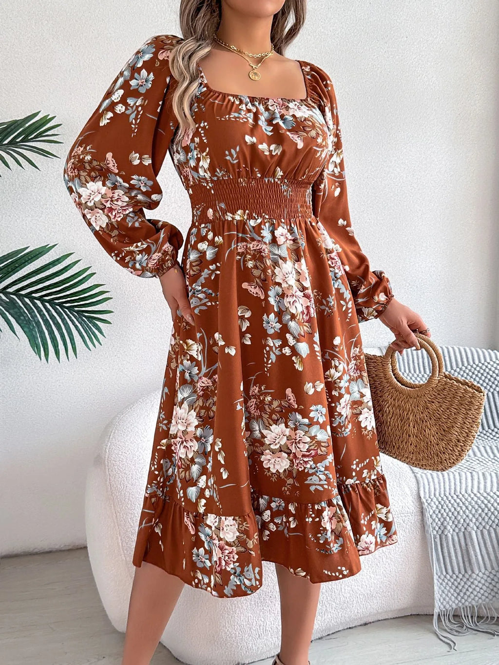Women's A-line midi dress with square collar long sleeves and ruffled waist trimming in polyester fabric
