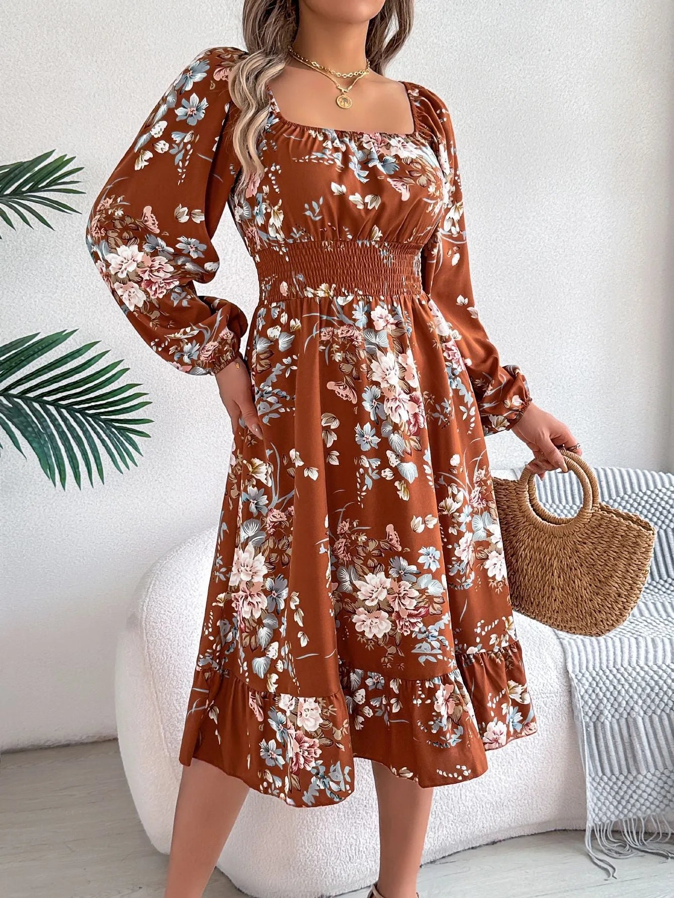 Women's A-line midi dress with square collar long sleeves and ruffled waist trimming in polyester fabric