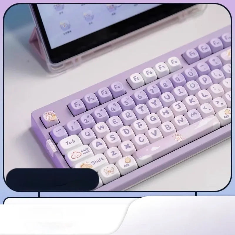PBT plastic keycap set showing gradient purple colour and detailed rabbit themed designs for mechanical keyboards.