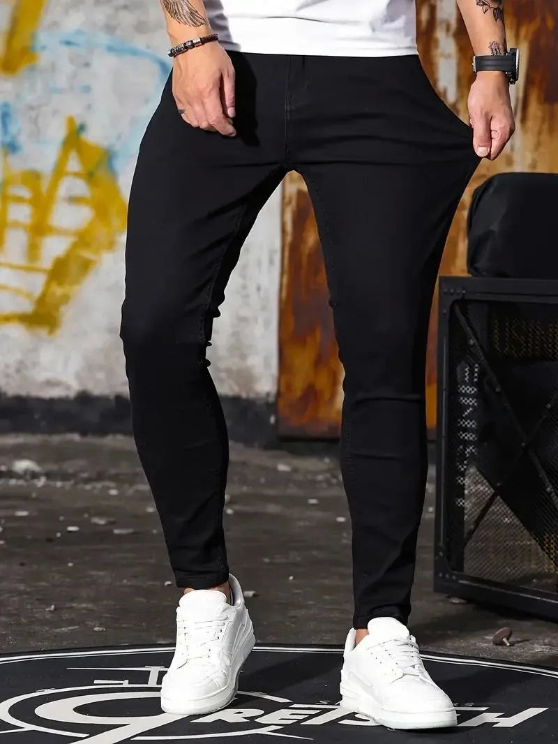 Men's retro washing stretch slim fit jeans in blue, front view, five-quarter length