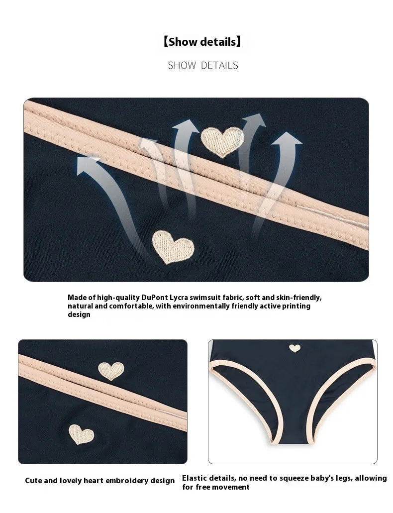 Dark blue split baby swimsuit for girls aged 1-6 years in briefs style