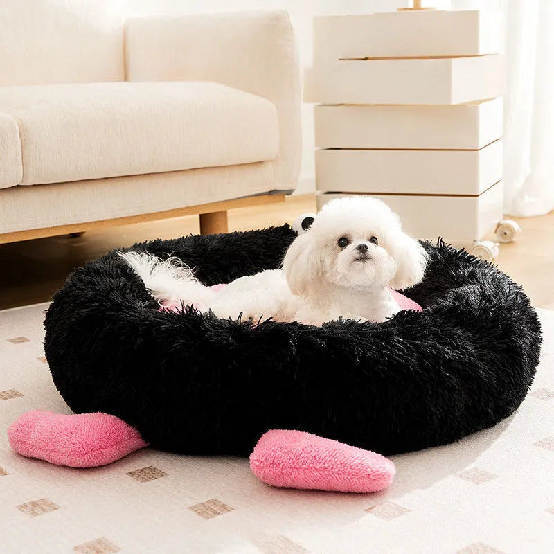 Blue plush kennel sleeping mat for dogs and cats with raised sides in a bear teddy nest design.