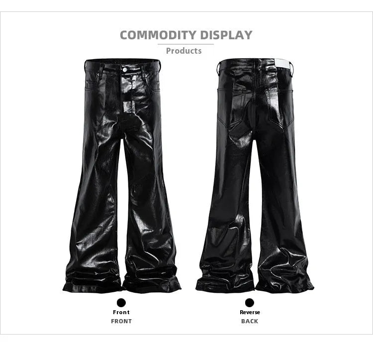 Black patent leather coated straight-leg jeans on size chart showing M L XL XXL options