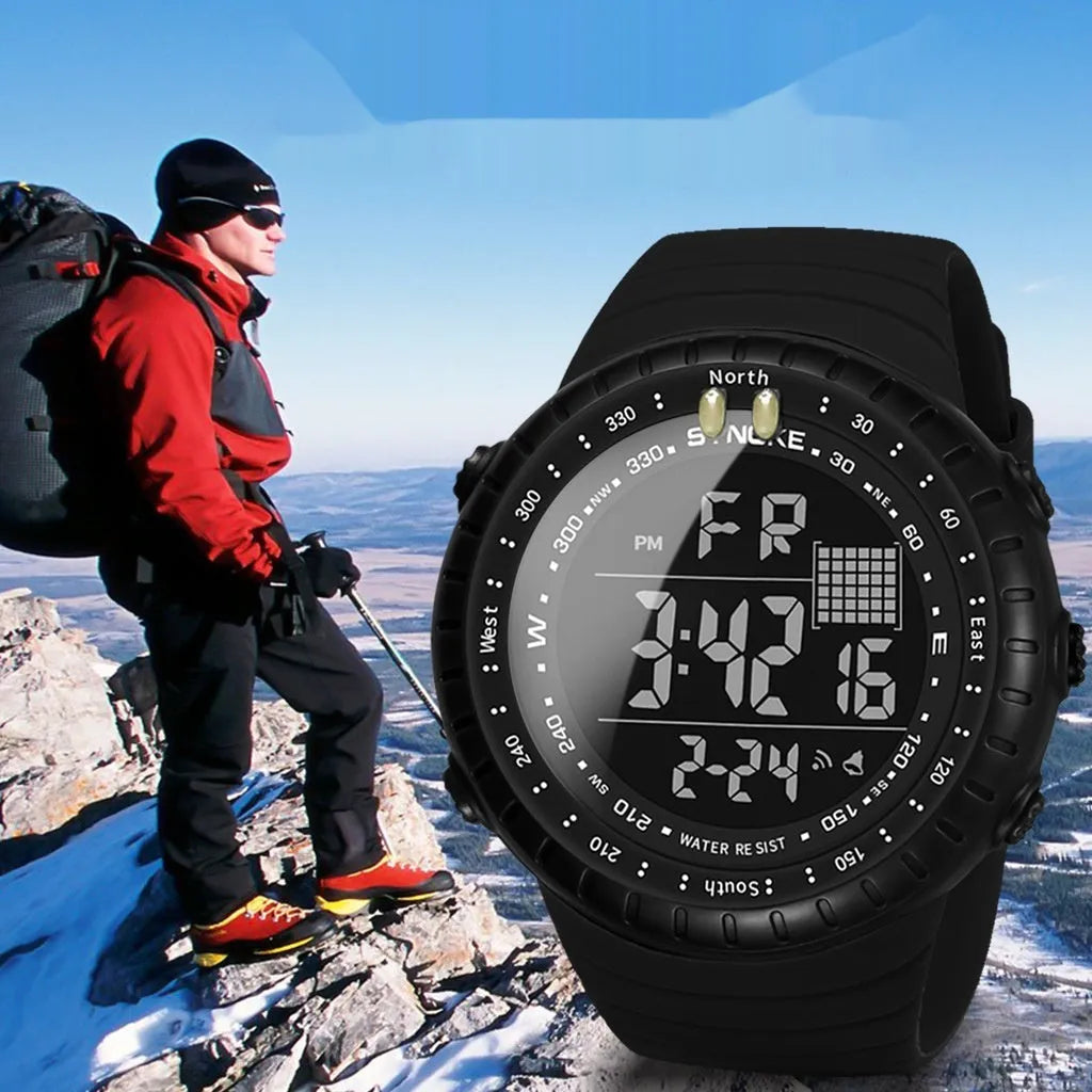 Black waterproof digital watch with 54.74mm dial and adjustable PU strap