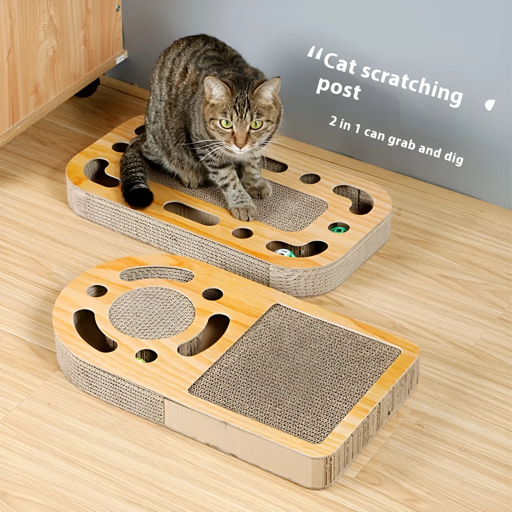 Corrugated paper cat scratch board in various styles with a play ball.