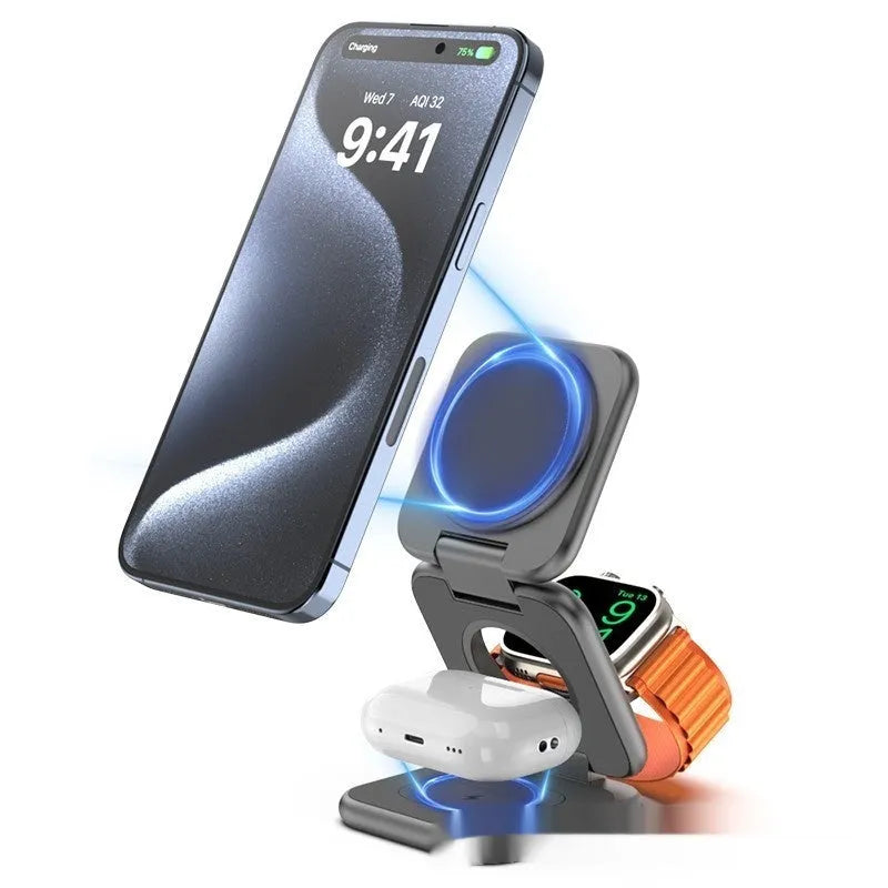 White foldable magnetic wireless charging phone holder on a desk