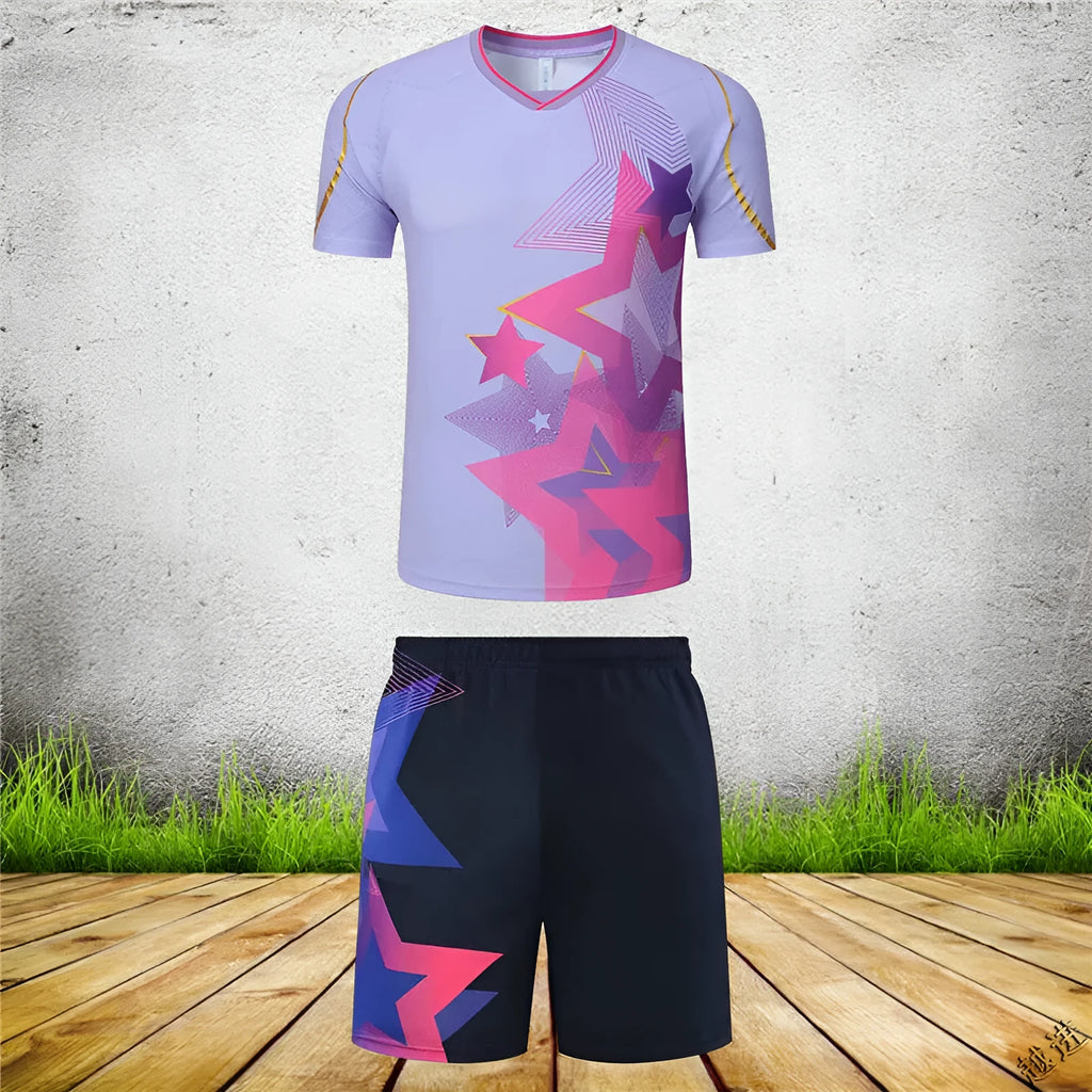 Badminton sportswear outfit set showing a short-sleeved top and matching trousers in a blue colour.