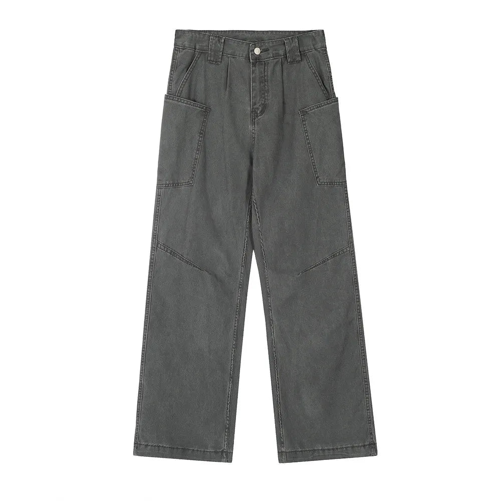 Men's loose casual cotton denim work trousers in black, dark green, and smoky gray, sizes S to XXL