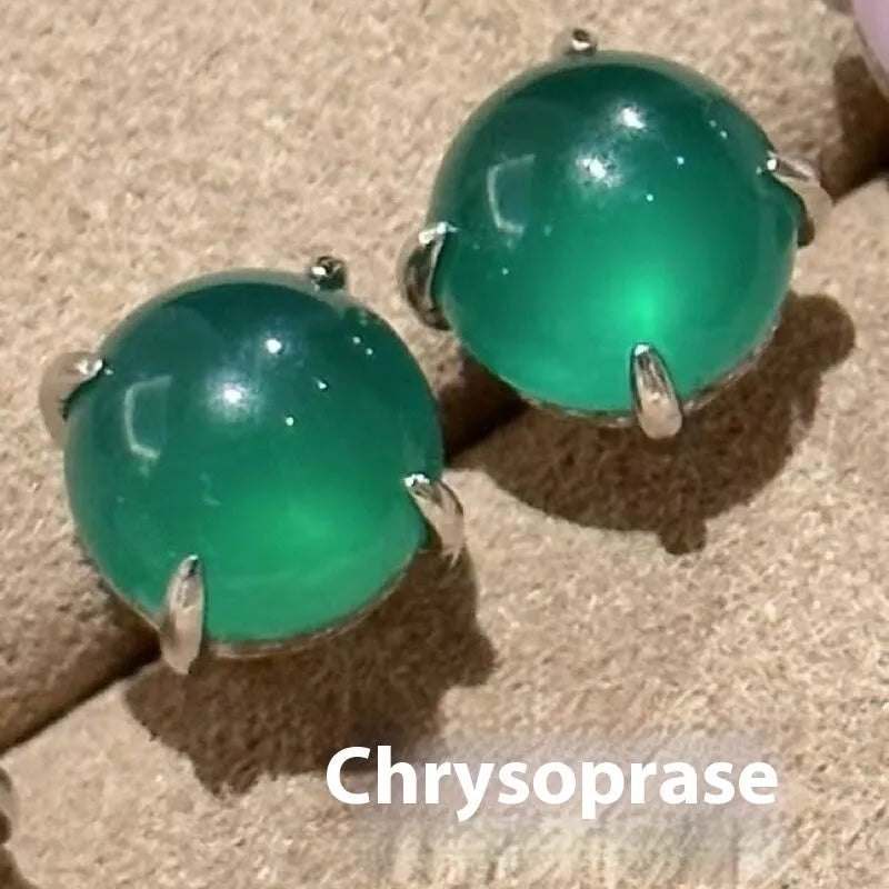 Chinese style retro geometric chalcedony stud earrings with four-claw copper settings in three colour options