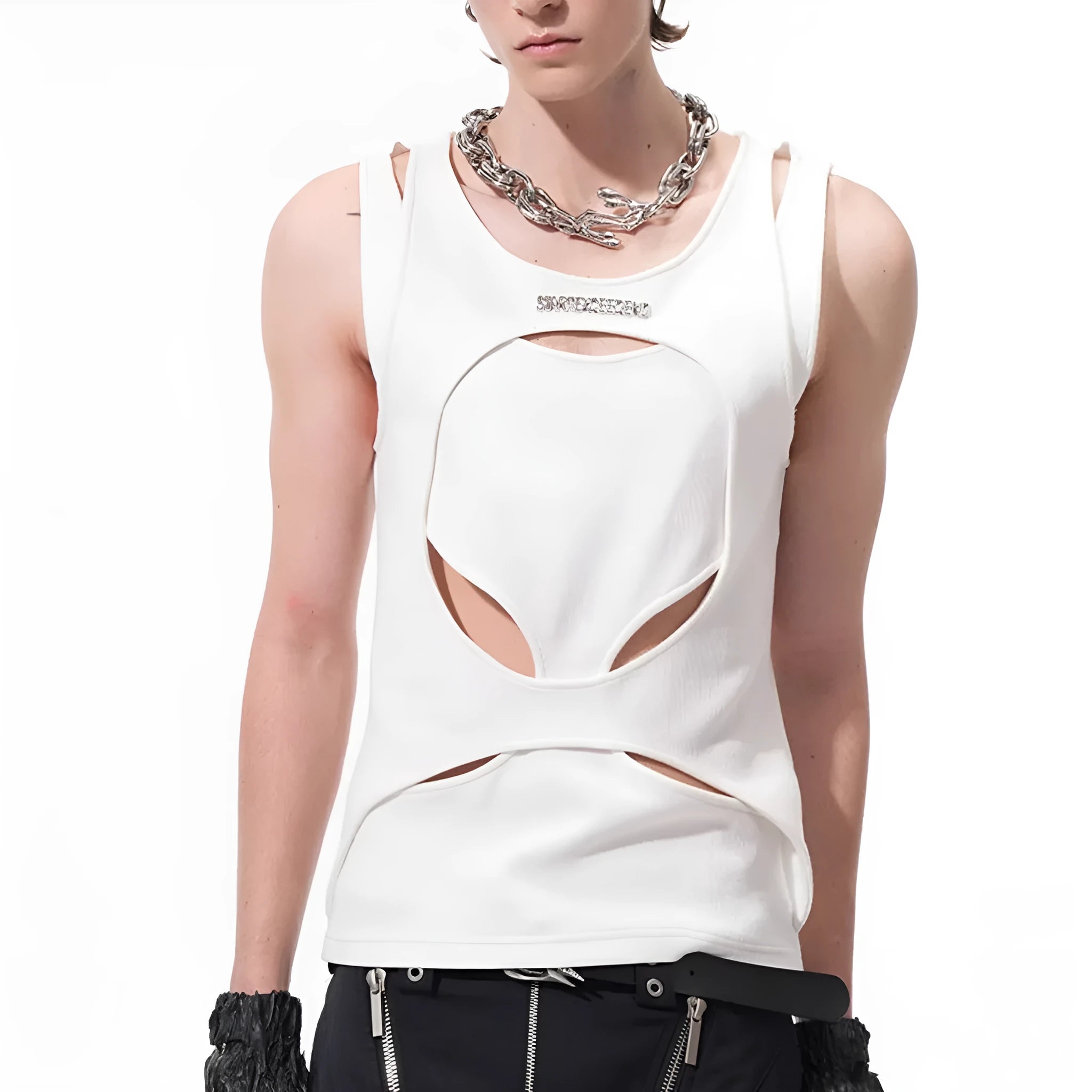 Men's hollow thread summer waistcoat round neck vest in black or white