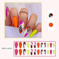 Wear Armour brand medium almond shaped frosted nail sticker set showing four different designs: French colourful leaf, colourful plating, star flash macaron, and gradient leopard print.