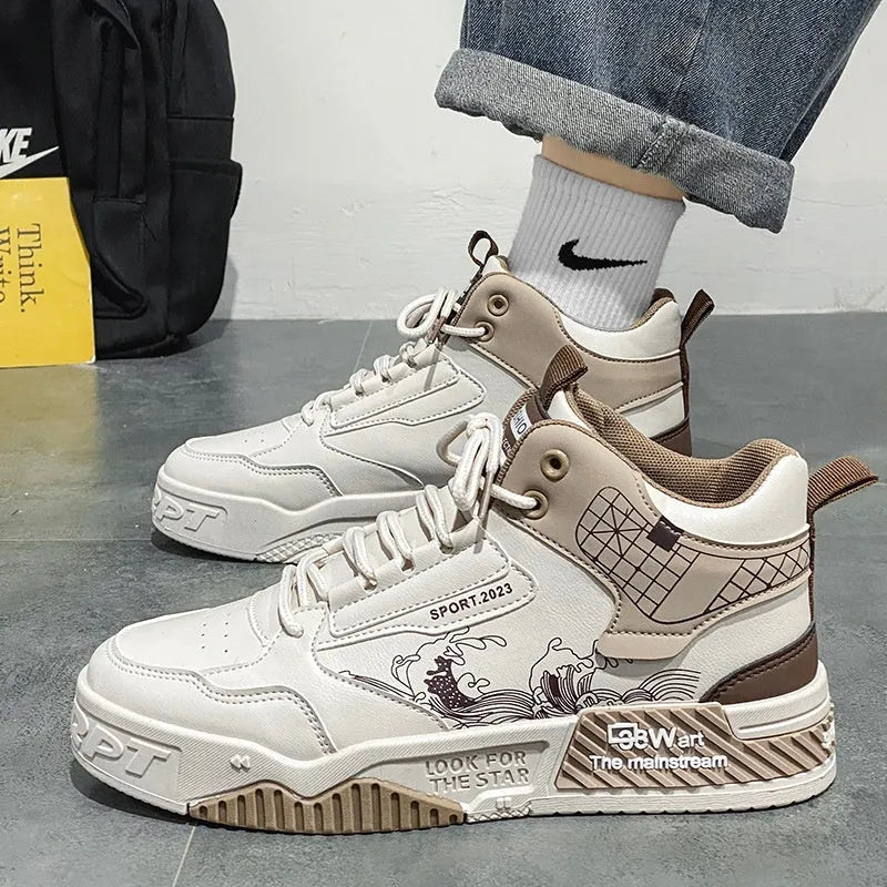 Men's beige high-top board shoes with lace-up front and rubber soles