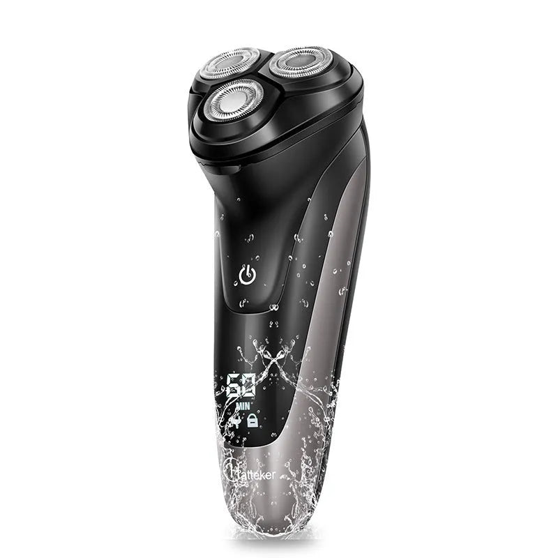 Men's electric shaver with three rotating heads, USB charging cable, and pop-up sideburn trimmer on display