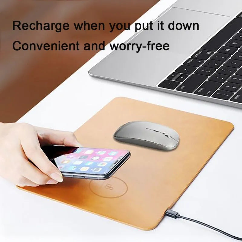 Brown leather wireless charging mouse pad with Micro USB port for Qi device charging