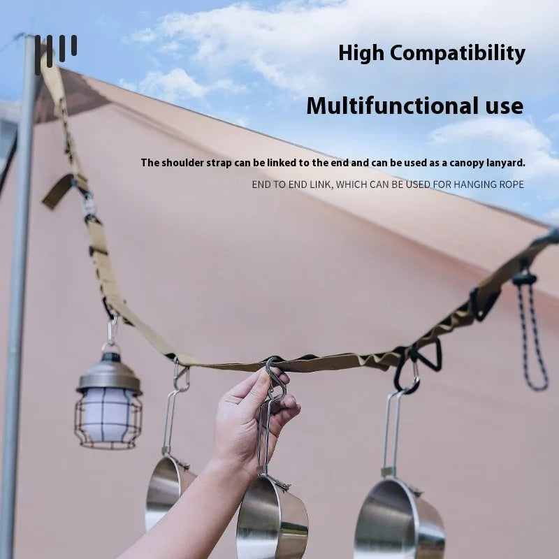 Black multifunctional hanging rope storage belt with buckle, coiled to show its 130cm length.