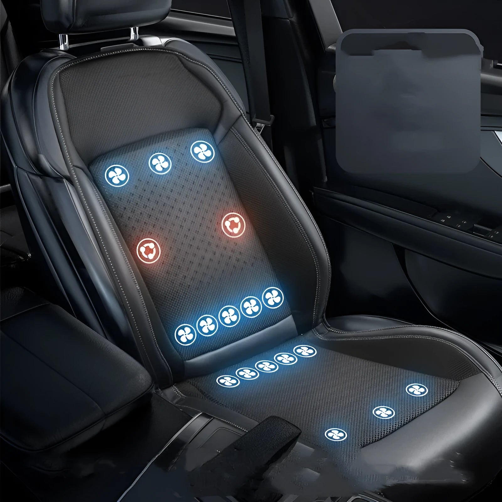 Black car seat cooling pad with ventilation fan and USB cable on vehicle seat