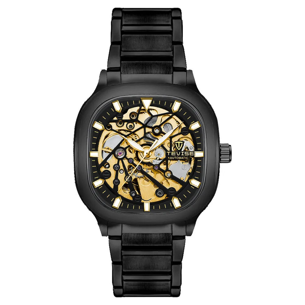 Men's automatic watch with luminous hands on a stainless steel strap, featuring a square hollow metal case.
