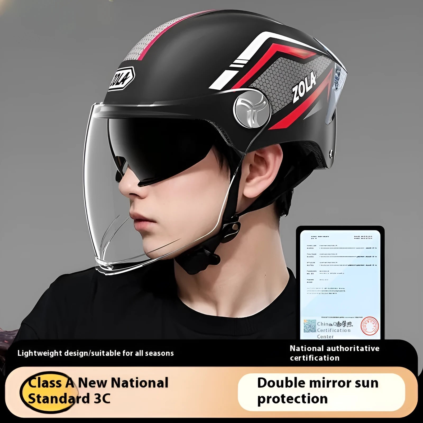 3C certified ABS universal motorcycle half helmet with double mirror sun visor in various colours