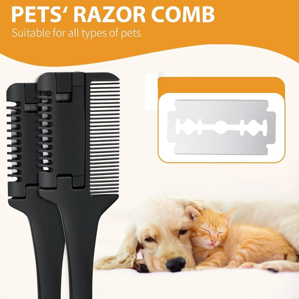 A 2-in-1 pet grooming comb with a built-in trimming blade and replacement blades, shown next to a small dog.