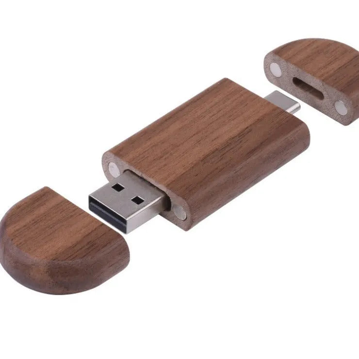 Wooden USB flash drive with natural finish showing 2-in-1 mobile phone and computer connectivity