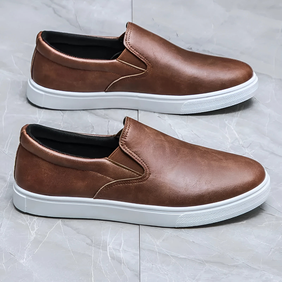 Brown slide bushing sneakers with non-slip plastic sole and high mouth design