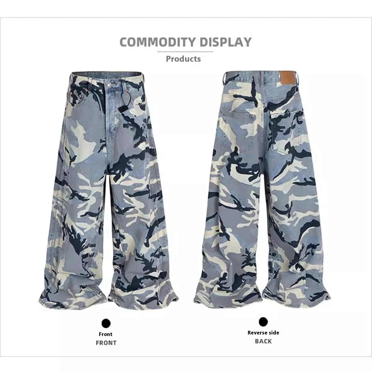 Snow camouflage blue loose fit jeans with micro-elastic cotton denim fabric