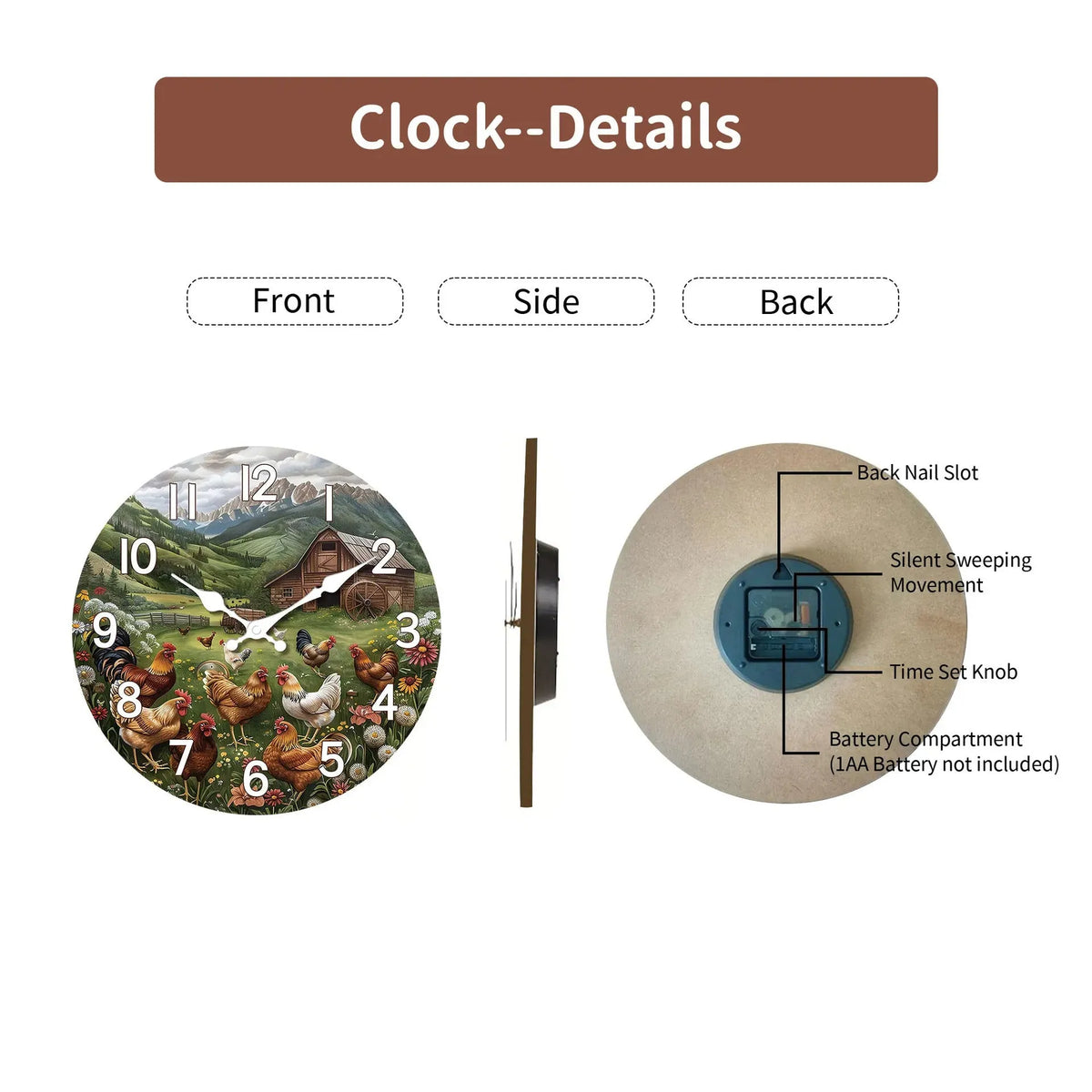 Retro wooden mute wall clock with decorative pointer, square 15cm to 40cm, exposed wall design