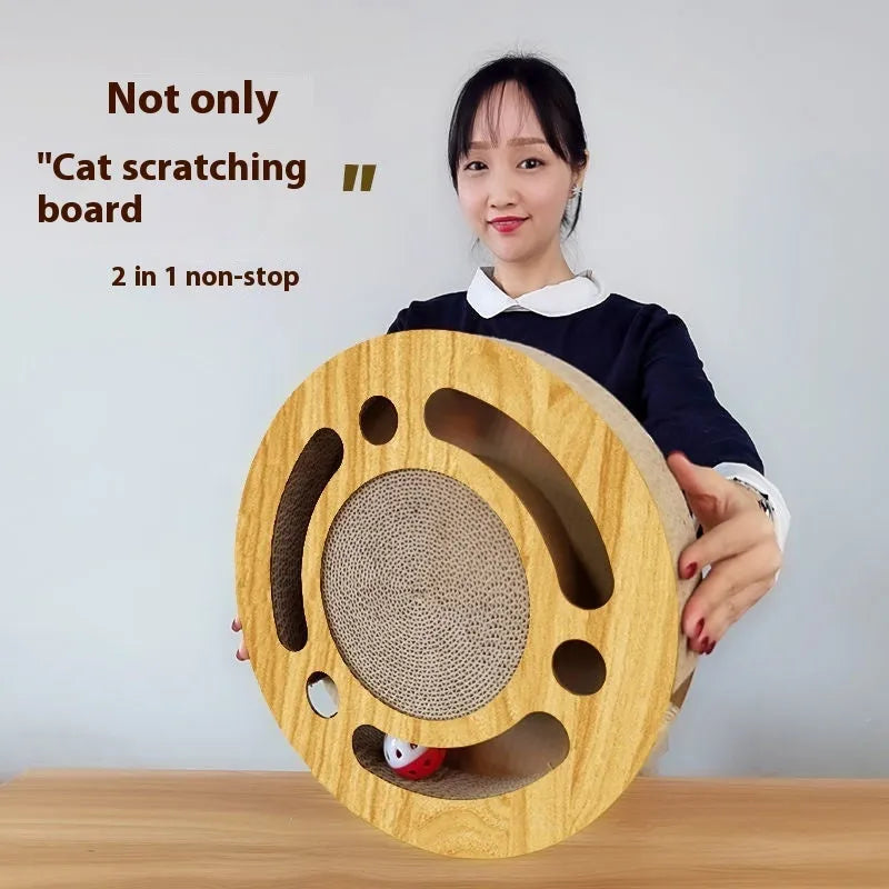 Corrugated paper cat scratch board in various styles with a play ball.