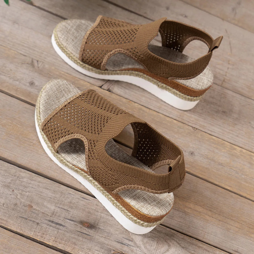 Women's hollow wedges sandals with breathable woven mesh upper and patent leather, peep-toe design, available in beige, black, khaki sizes 36-43