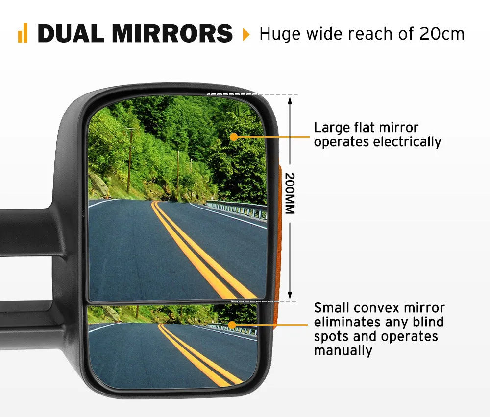 Black electric exterior rear view mirror for Nissan NP300 D23 with integrated light.