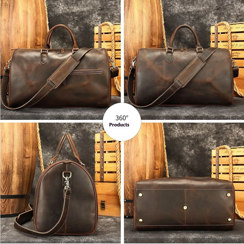 Genuine leather vintage-style crossbody bag for men in brown colour showing large capacity.