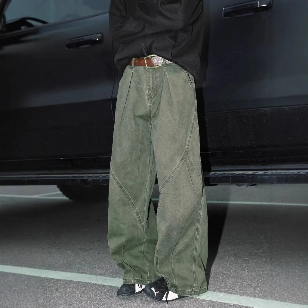 Men's loose fit straight leg trousers with pleated waist in black, brown and apricot colours