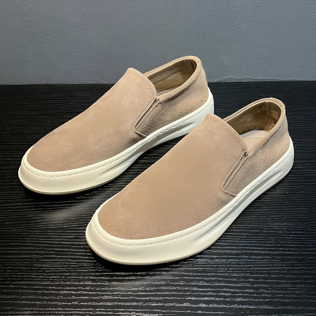 Grey and apricot men's casual round toe shoes with a mid heel and sleeve-on design