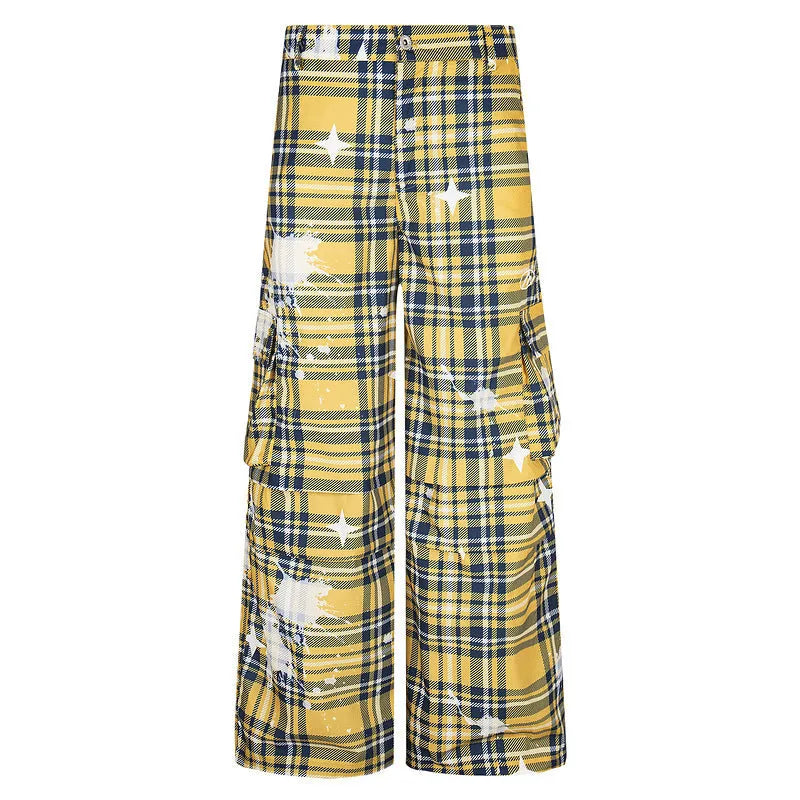 Men's blue retro plaid overalls with loose straight leg trousers on mannequin