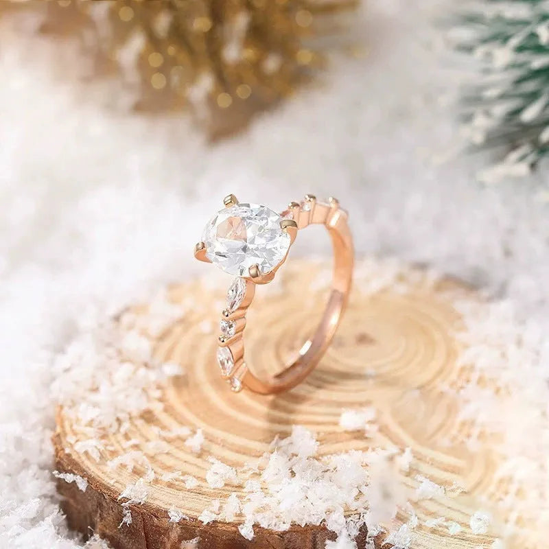 Silver geometric zircon ring on white background, available in gold and rose gold finishes