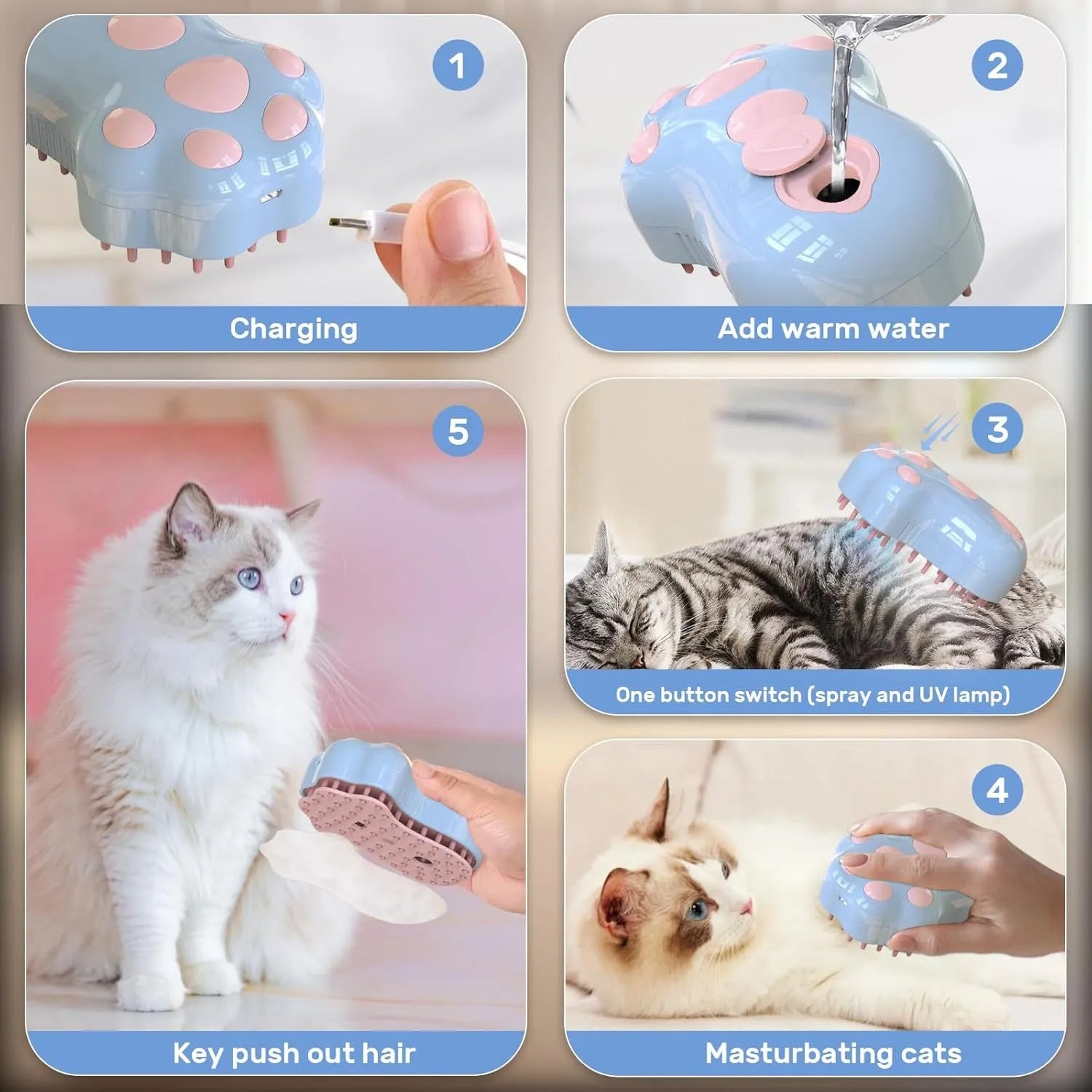 Blue self-cleaning pet steam brush with silicone bristles and a water spray button