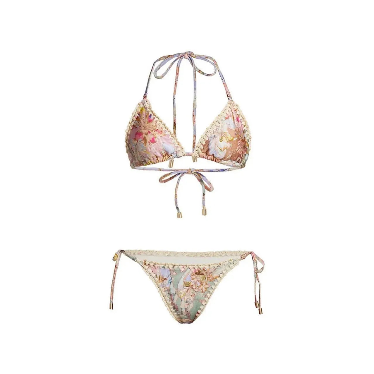 Women's floral pattern bikini set with top, briefs, and skirt in creamy-white colour