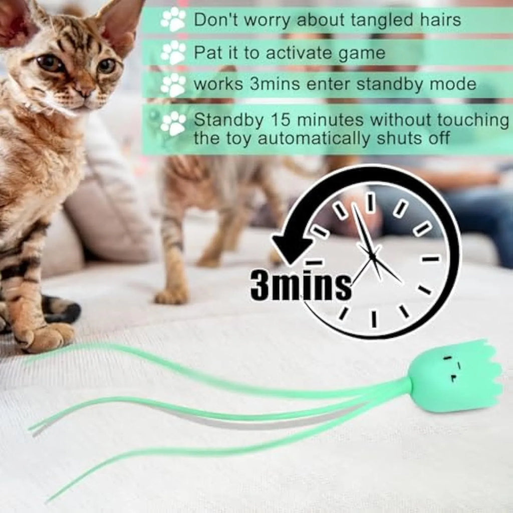 Green electronic cat wand toy with wiggling silicone tail for indoor cat play